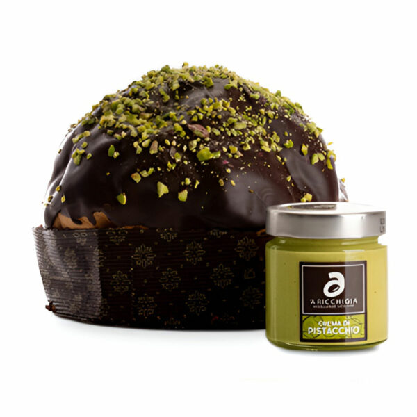 Panettone ricoperto di cioccolato fondente e granella di pistacchio con vaso di crema al pistacchio