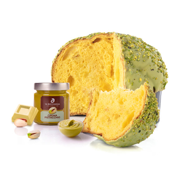 Panettone ricoperto di cioccolato e granella al pistacchio con vaso di crema al Pistacchio
