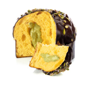 Panettone ricoperto di cioccolato fondente e chicchi di pistacchio farcito con crema al "Pistacchio Verde di Bronte DOP"