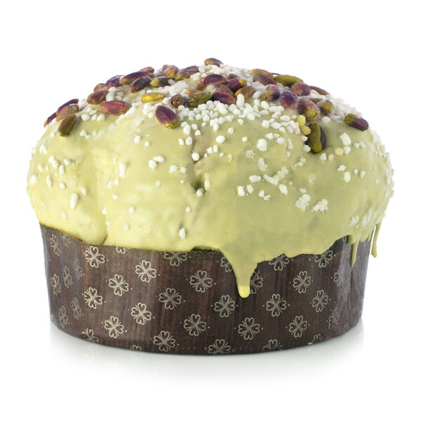 Panettone ricoperto di cioccolato e chicchi di pistacchio farcito con crema al pistacchio di Bronte DOP