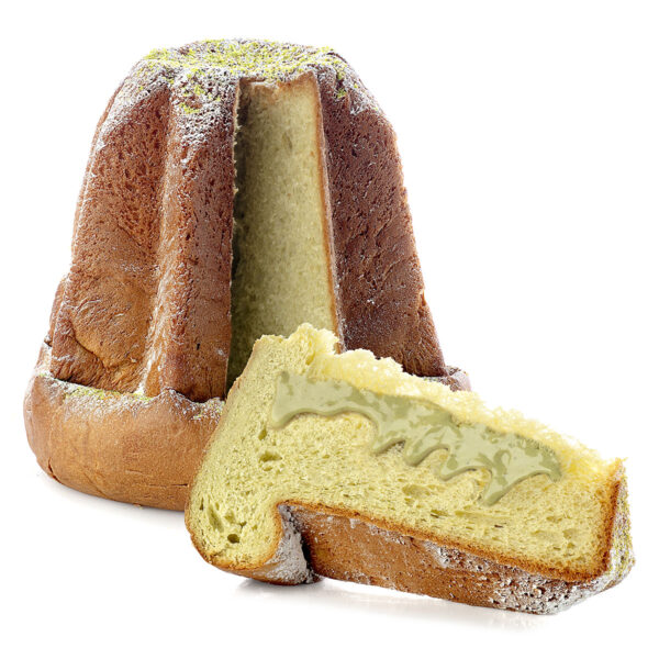 Pandoro al pistacchio con Speedy cream, granella e zucchero a velo