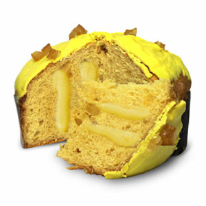 Panettone al limone e zafferano farcito con crema al limone ricoperto con cioccolato al limone