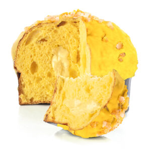 Panettone al limone e zafferano farcito con crema al limone ricoperto con cioccolato al limone