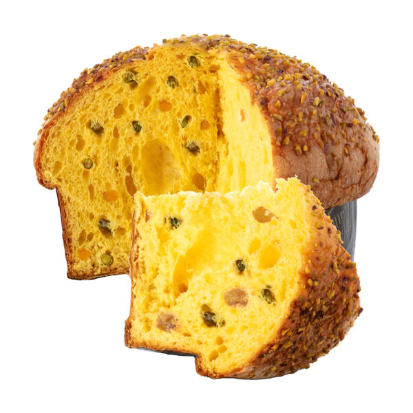 Panettone pesca, vaniglia e pistacchio