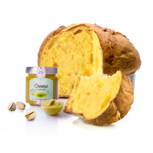 Panettone senza glutine con vaso di crema di pistacchio di Bronte DOP