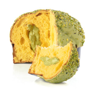 Panettone ricoperto di cioccolato al Pistacchio e farcito con crema al Pistacchio