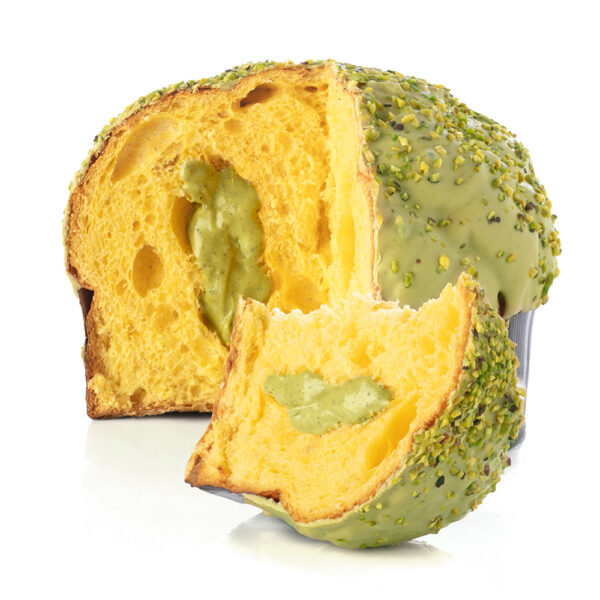Panettone ricoperto di cioccolato al Pistacchio e farcito con crema al Pistacchio