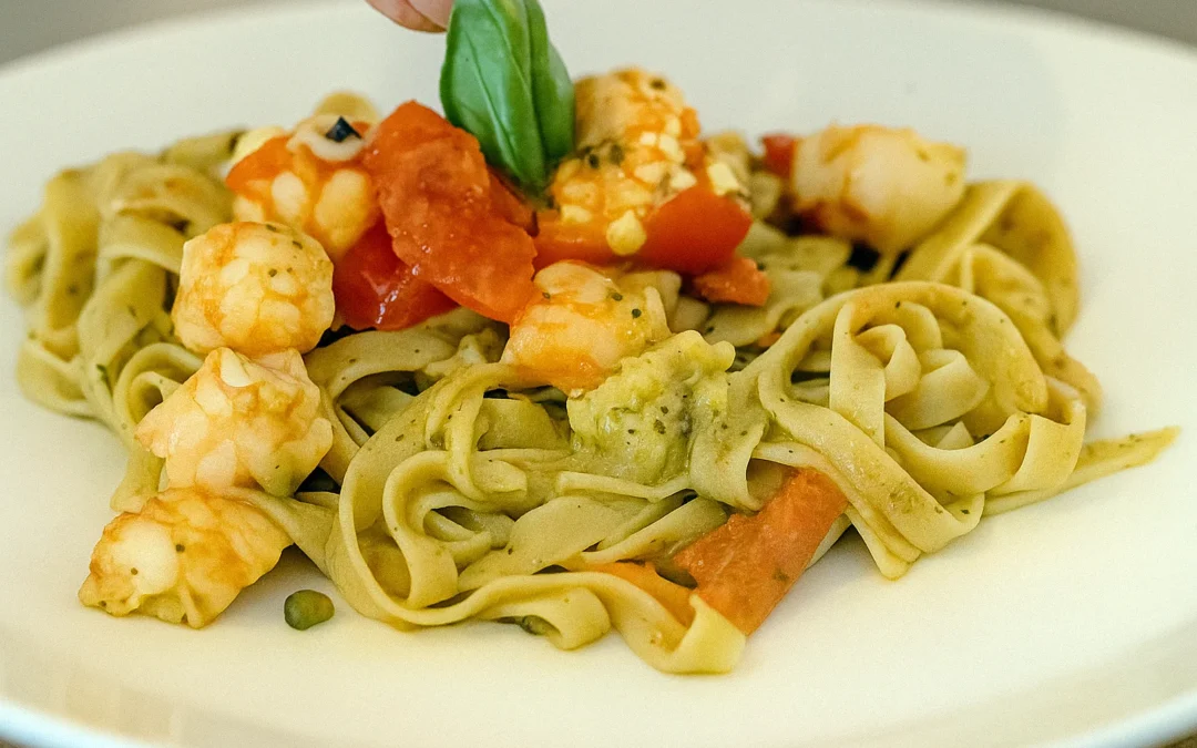 tagliatelle con pesto di pistacchio e gamberoni