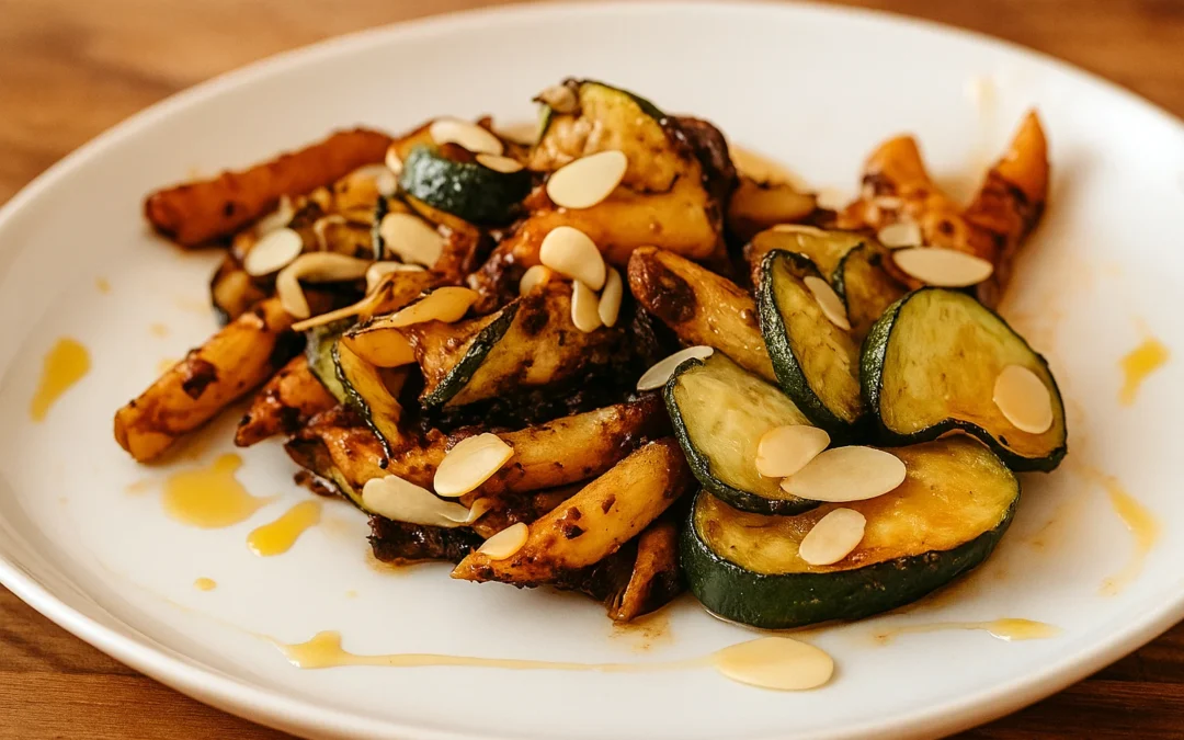 pasta al forno con pesto ricco e mandorle a scaglie